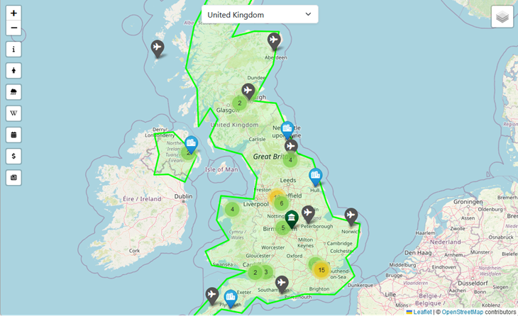 A map showing the United Kingdom with markers for cities, airports and places of interest
